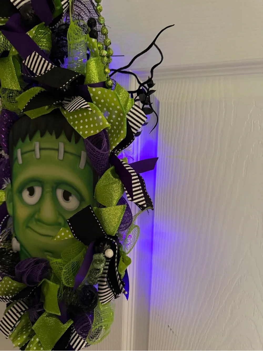 Frankenstein Halloween Door Wreath Swag Lighted Deco Mesh Purple Green Handmade